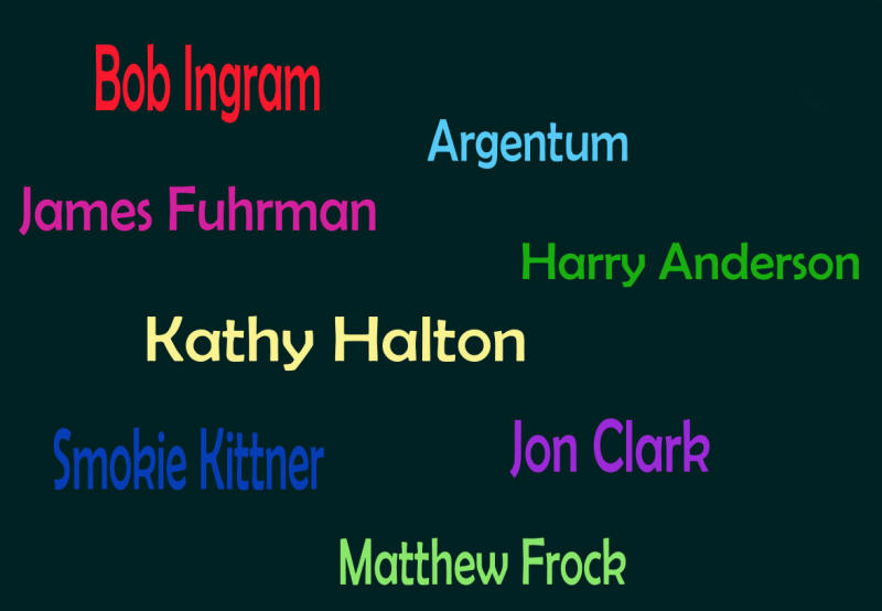 Card for an exhibition featuring paintings, sculpture, furniture, lamps, installations, video, works on paper, water color, functional art, pastel and photography by Tracy Hagedorn and Dennis Haugh as Argentum, Harry Anderson, Jon Clark, Matthew Frock, James Fuhrman, Bob Ingram, Kathy Halton and Smokie Kittner.